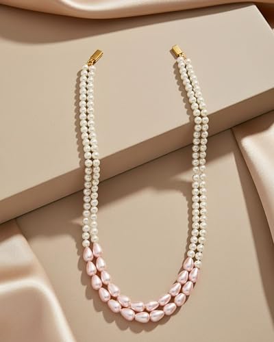 Image of Mansiyaorange Double Layered Glass Pearl Mala Neckalce with Kundan Earrings Jewelry Set