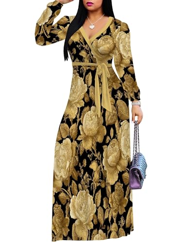 Image of SUZONANA Plus Size Dresses for Women Floral Print Maxi Dress Flowy 3 /4 Sleeve with Belt