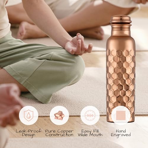 Image of Copper Water Bottle - 32 Oz - Handcrafted Ayurvedic Vessel | Glossy Honeycomb, Jointless Leak-proof, Eco-Friendly, BPA-Free, Handmade Water Bottles for Yoga, Office, Travel