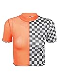 El contraste de color simétrico, el estampado de tablero de ajedrez, la camiseta recortada de malla transparente te hacen más atractivo