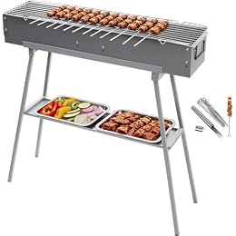 Lineslife Portable Charcoal Grill with 12PCS Skewers with Metal Storage Tube, Heavy Duty BBQ Grill with Folding Legs and 31.6x7.1" Cooking Area, Kebab Grill for Outdoor Backyard Picnic Camping Party