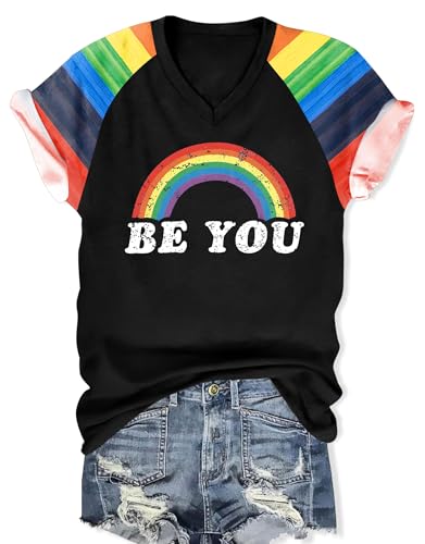 Zylkor Pride Tshirts for Women Be You Letter Print T Shirt Rainbow Graphic Tee Shirt Pride Vneck Tee Tops — view 5