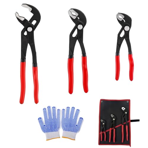 3-Piece Groove Joint Pliers Set (7”, 10”, 12”), Quick-Adjustable Water Pump Forceps with Non-Slip Gloves, Cr-V V-Jaw Tongue and Groove Pliers for Home Repair & Plumbing