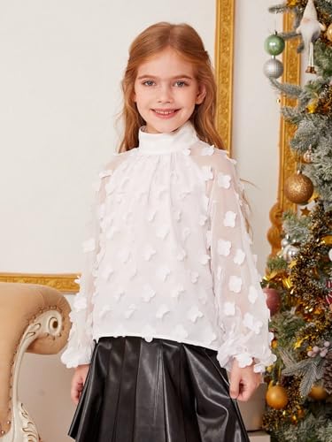 WDIRARA Girl's Floral Appliques Long Sleeve Blouses Mock Neck Mesh Lantern Sleeve Cute Shirts Tops3