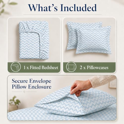 Image of LANE LINEN 100% Organic Cotton Fitted Bedsheet Double - Chevron Cool Blue | GOTS Certified, Percale Weave, 78x60 inches, Fits Upto 12 inch Mattress, Soft, Breathable, Washable, 2 Pillow Covers
