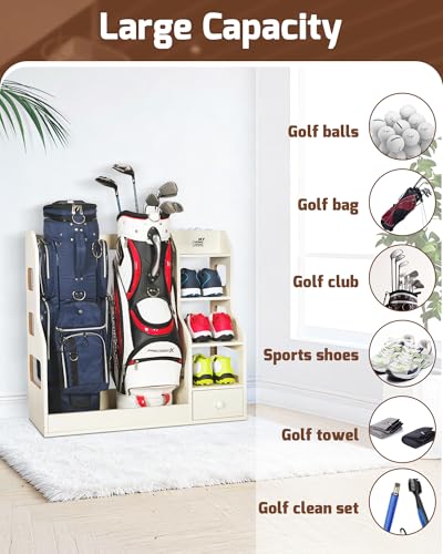 Image of Mythinglogic Wooden Golf Bag Storage Rack for 2 Bags with Drawer