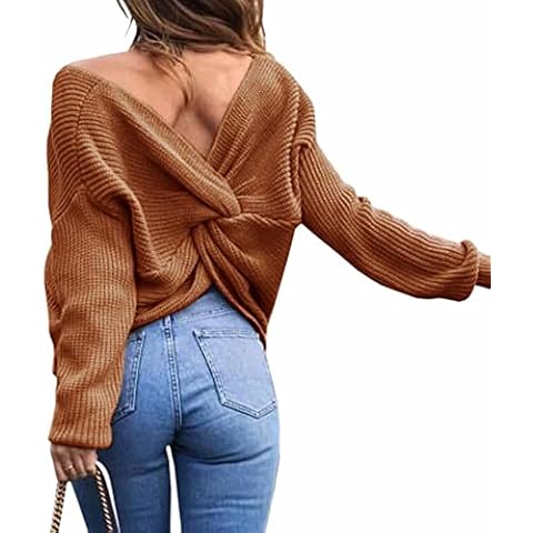 Sexyshine Women's Casual V Neck Criss Cross Backless Long Batwing Sleeve Loose Knitted Sweater Pullovers,Coffee Cover