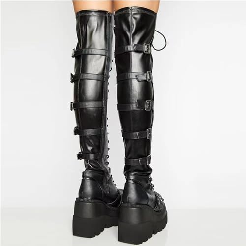 SACFOF Womens Platform Over The Knee Wedges Chunky Booties Winter Buckles Long Boots Motorcycle Punk Goth Combat Boots3
