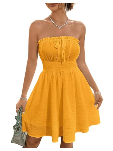 Image of Floerns Women's Vacation Strapless Tube Dress Ruffle Hem A Line Mini Dresses