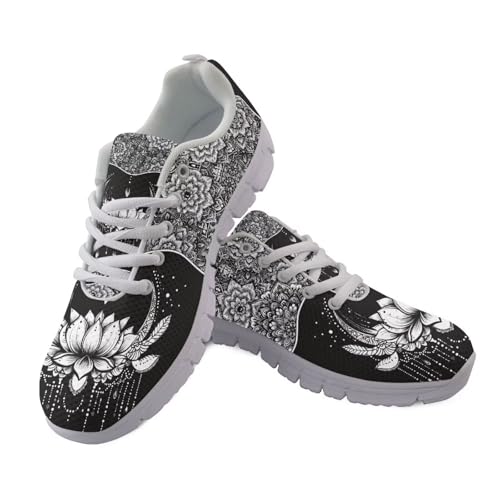 UOIMAG Black White Lotus Shoes for Women Boho Mandala Floral Casual Sneakers EU39