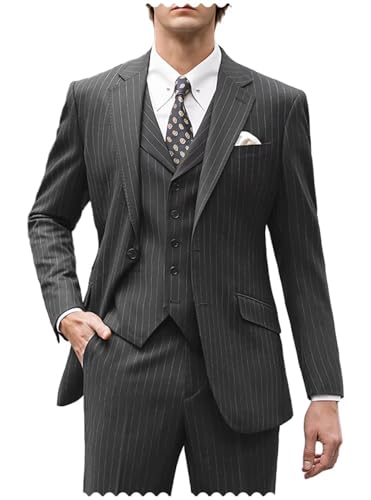 Men's Suits 3 Piece Pinstripe Tuxedo Suit for Wedding Groomsmen Slim Fit Formal Prom Tuxedo