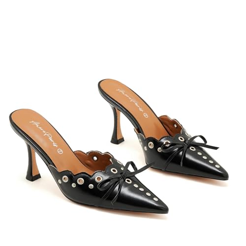 Image of Kitten Heel Mules for Women Bow Tie Suede Stiletto Heels Mule Pointed Toe Studs Slide Heeled Sandal Pumps for Wedding Dress Party