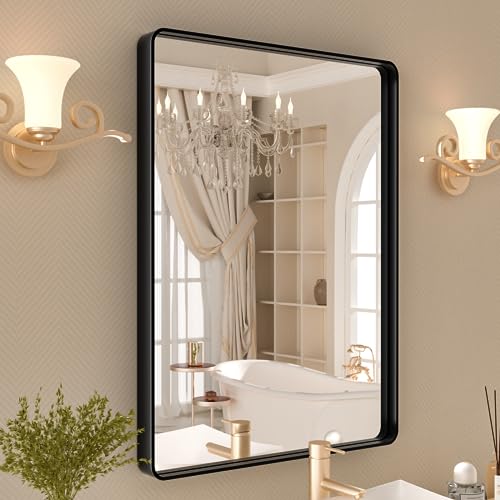 ISTRIPMF 24x32 Inch Black Framed Bathroom Mirror,Matte Metal Frame Vanity Mirror,Round Corner,Farmhouse,Decorative Wall Mounted Rectangle Mirror by ISTRIPMF - Used condition - US$42.18