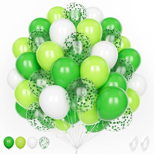 Ballon Vert, 60 Pièce 12 Pouces Mat Vert Vif Blanc Confettis Latex Hélium Ballon pour Décoration Fête d'Anniversaire Douche Mariage Baby Shower...