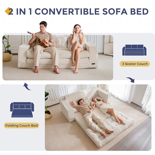 Image of MAXYOYO Convertible Sofa Bed, Pull Out Oversized Loveseat Sofa Couch, 2 in 1 Folding Couch Bed, Fold Out Floor Couch with Pillows for Living Room Bedroom Lounge, Beige
