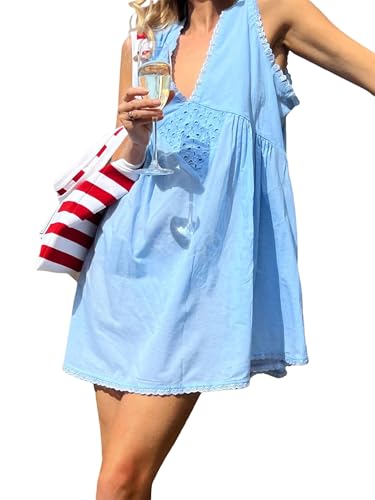 Image of ensswliz Women Summer Mini Tank Dress Sleeveless Deep V Neck Trendy Floral Eyelet Loose Babydoll Short Dress Beach Sundress (A-Blue, S)