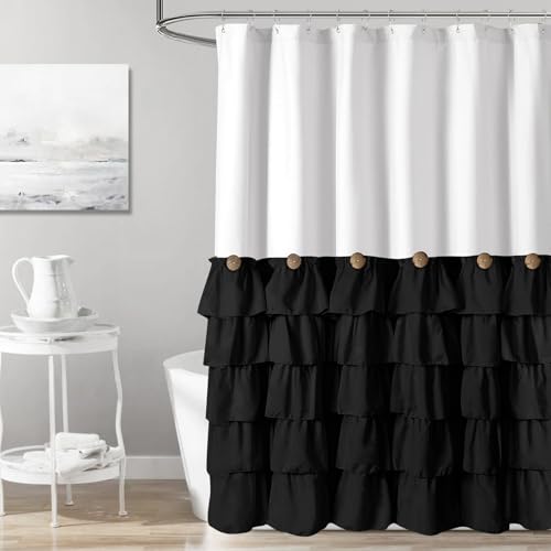 Seasonwood Black and White Farmhouse Shower Curtain 72 x 72 Black Ruffle Shower Curtain with Vintage Buttons, Rustic Decorative Fabric Shower Curtains for Guest Bathroom, 72
