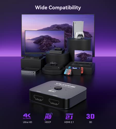 Hdmi 2.1 Switch, Vilcome Ultra Hd 8K Hdmi Switcher Splitter 48Gbps High Speed Support Hdr 8K@60Hz, 4K@120Hz, Bi-Directional Hdmi Switch 2 In 1 Out For Ps5/Ps4, Xbox, Roku, Apple Tv, Blu-Ray Player #TOP6