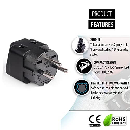 Image of OREI India to Israel, Gaza, Palestine & More (Type H) Travel Adapter Plug - 2 in 1 - CE Certified - RoHS Compliant - 4 Pack - Black Color (P21-14-4PK)