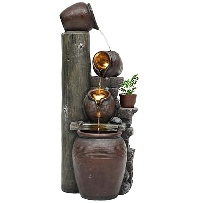 Autodaya 40" H Overszied Outdoor Water Fountain with LED Lights and Pump, Cascading Pitchers Farmhouse Garden Fountain Waterfall for Patio, Porch, or Yard