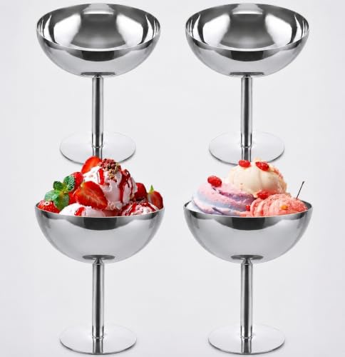 Oungy 4PCS Ice Cream Cup Stainless Steel Dessert Cups Snack Yogurt Candy Cup Reusable Mini Silver Ice Cream Bowls with Footed for Salad Fruit Pudding Christmas Party 4.33.92.4inch