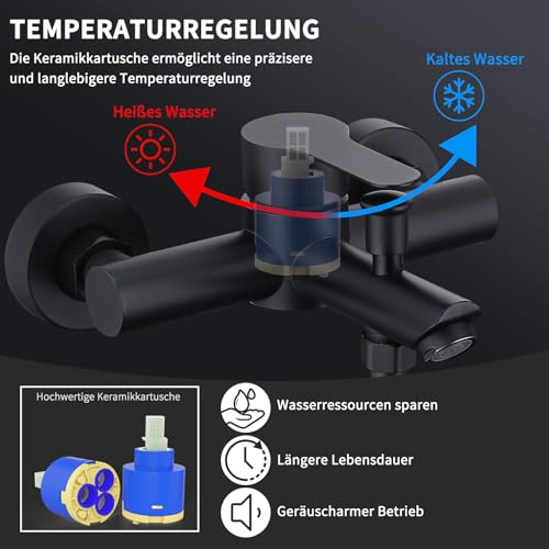 HOMELODY Badewannenarmatur Schwarz Matt Mischbatterie für Badewanne Wandmontage, 2 Ausgänge Einhebelmischer Duscharmatur mit Wanneneinlauf, Anschlussmaß 135–165 mm, ohne Handbrause/Schlauch