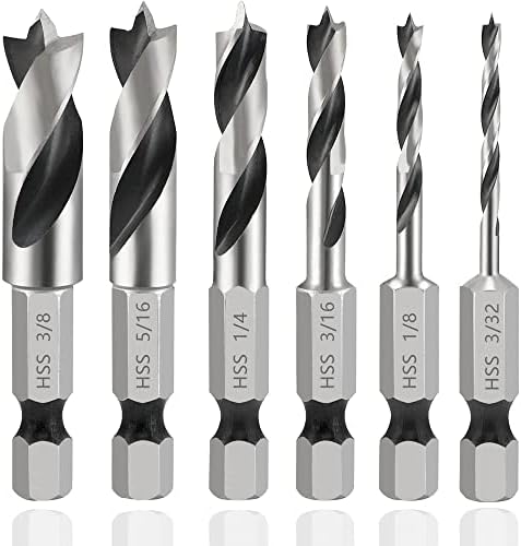 Mesee 6Pcs Brad Point Stubby Drill Bits Set,HSS 4241 Steel with 1/4" Quick Change Hex Shank, Spiral Twist Bit for Metal/Aluminum Iron/Sheet Copper/Wood Woodworking