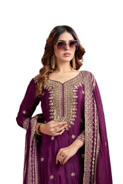 Image of Women's Heavy Embroiderd Work Purple Color Weding Wear Straight Kurta Sharara Set for Women with Dupatta