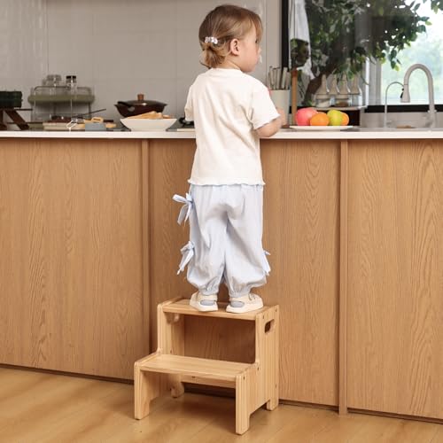 Image of Wooden Step Stool,Two Step Stool for Kids,Toddler Montessori Stool Supports 300 lbs Kids Toddler Stepping Stool for Bathroom Sink /Toilet /Kitchen /Bed,Natural