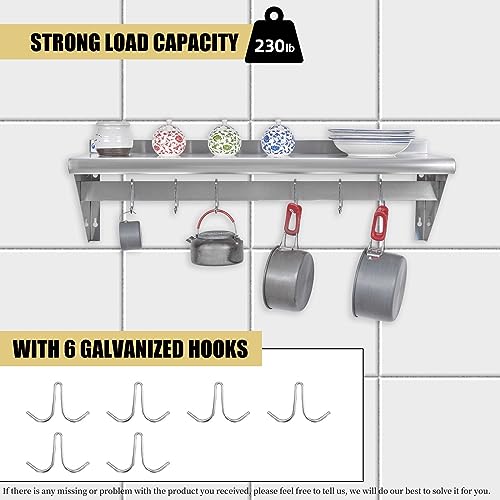 Image of Hally Stainless Steel Shelf with 6 Hooks 12 inch x 36 inch Wall Mounted Pot Rack, NSF Commercial Floating Shelving for Storage Hanging Pots, Pans, cookware in Restaurant, Kitchen, Home and Hotel