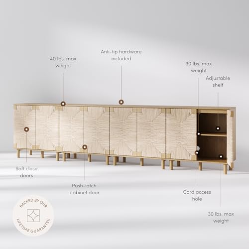 Image of Nathan James Beacon Accent Natural Sideboard Storage Cabinet TV Stand in Light Wood with Adjustable Interior Shelf and Seagrass Doors, for Hallway, Entryway or Dining Room, Light Brown, Set of 4