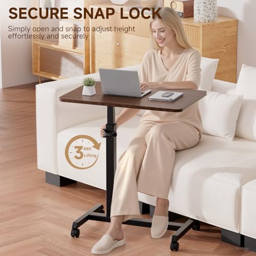 Image of GTPLAYER Small Standing Desk, 24 Inches Foldable Mobile Rolling Laptop PC Table with Lockable Casters, Adjustable Height Overbed Bedside Table Computer Workstation for Home Office, Dark Brown-Foldable