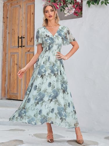 Image of Simplee Women's Boho Floral Maxi Dress Flowy Casual V Neck Short Sleeve Wedding Guest Holiday Beach Long Dress