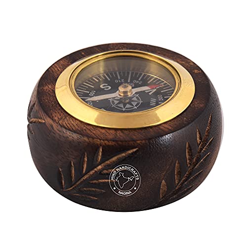Hind Handicrafts Antique Wooden Compass with Brass Ring – Vintage