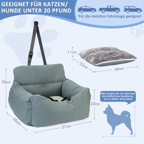 CALIYO Hundeautositz mit Stabiler Basis & Sicherheitsgurt | Hundesitz Auto für Kleine bis 10 kg | Memory Foam-Sitzauflage | Wasserdichter, Abwaschbarer Hundekorb mit Aufbewahrungstasche(Grau-Grün)