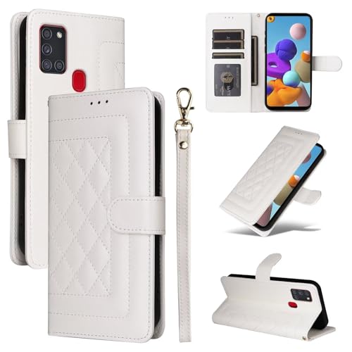 xinyunew Coque pour Samsung Galaxy A21S, Etui Protection Housse Premium en Cuir PU, [Pochette de Portefeuille] [Fermeture Magnétique] [Etui à Rabat]- Blanc