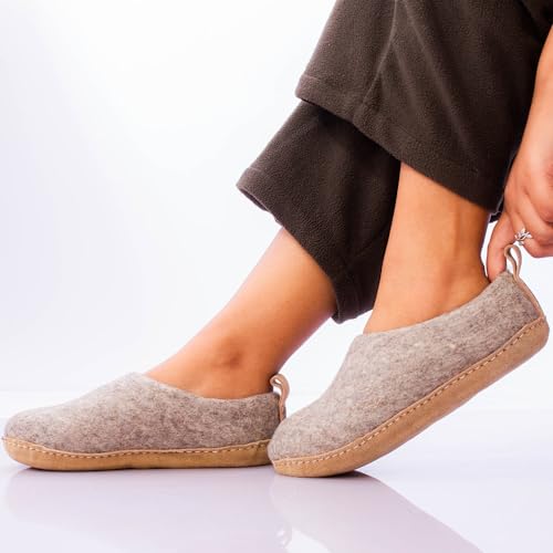 Image of Wool Slippers for Women & Men - Handmade Felted Wool Indoor House Shoes with Genuine Leather Sole, Closed Back Slip-On, Warm Breathable Felt Slippers for Cold Floors