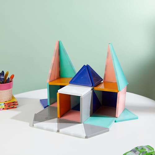 Image of Amazon Brand - Jam & Honey Magnetic Tiles Building Blocks for Kids | 36 Pcs Pro Solid Opaque Set | STEM Learning & Creative Construction Toy | Brain Development & Educational Play | Durable MABS Plastic with Strong Magnets | Multiple Shapes Included | Ages 3+ Years | Multicolour | Product Dimensions: 24.5 x 16.5 x 7 cm