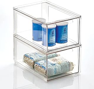 mDesign Kitchen Storage Drawer Box  Plastic Storage Box with Pull-Out Drawer  Pantry, Fridge and Cupboard Storage for Food and Snacks  Set of 2  Clear