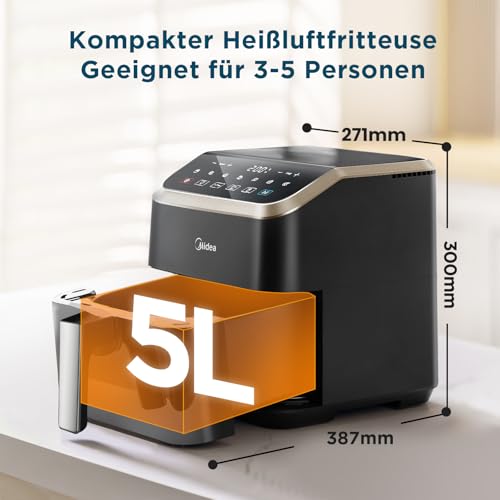 Midea Heißluftfritteuse 5L Schwarz, HeatXpress Technologie & Energie- und Zeitersparnis, Easy-View Fenster & Licht, Anti