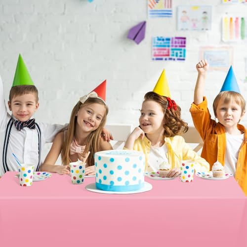 Image of tujol Pink Disposable Plastic Table Cloth Roll 54 inch X 100', Plastic Table Cover with Cutter Box, Cut to Size Disposable Tablecloth for Parties