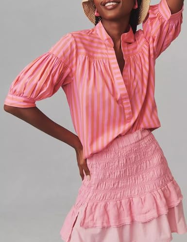 Women Puff Short Sleeve Blouse Trendy Striped V Neck Shirt Summer Business Casual Outfit Cute Babydoll Boho Loose Tops2