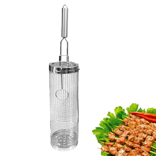 Paniers de barbecue pour griller | Panier de gril en acier inoxydable avec poignée | Panier à rôtissoire | Cylindre de barbecue, panier de gril à poisson avec poignée intégrée pour légumes, fruits de