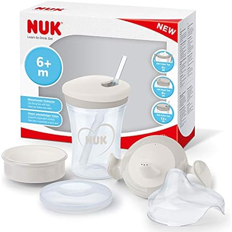 NUK 3-in-1 Trinklernset mit Trainer Cup Schnabeltasse (6+ Monate), Magic 360° Trinklernbecher (8+ M) & Action Cup Trinklernflasche (12+ M) | 230 ml | BPA-frei | Herz (neutral) Cover