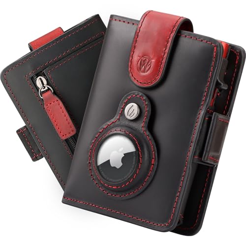 Will Fire® Smart Wallet Herren mit Airtag-Fach & Photokapsel | Inkl. Anhänger | Echtleder Airtag (1. & 2. Gen) Wallet mit Münzfach & Scheinfach | Bis zu 12 Karten | [Schwarz-Rot, Glattleder]
