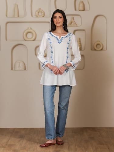 Image of QAZMI Women Kashmiri Aari Embroidered A-Line Viscose Rayon Short Kurti with Full Sleeves