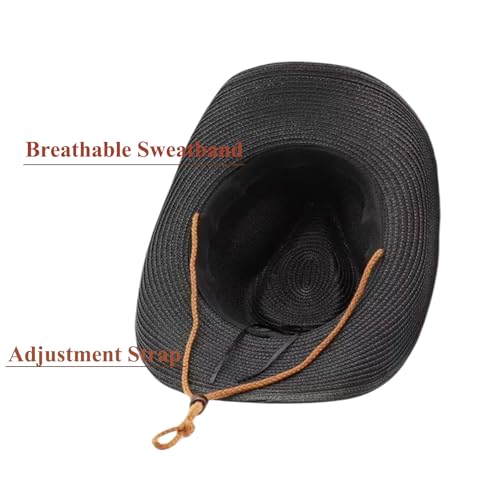 Image of Straw Cowgirl Hat for Women Cowboy Hats for Men Wide Brim Sun Hat Shapeable Western Hat Beach Hat (US, Alpha, One Size, Black)