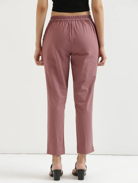 Image of D K W Women's Mid Rise Relaxed Fit Cotton Flex Trousers with Elastic Back & Drawstring - Ideal for Winter, Formal, Office & Casual Wear, Comfortable for Girls and Women