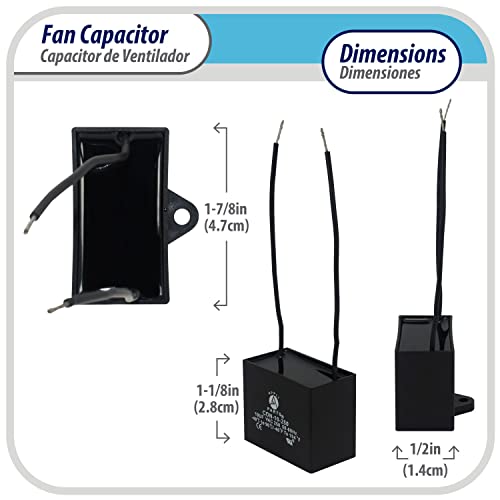 Appli Parts Fan Capacitor 3.5 mfd (microfarads) uf 250 VAC with 2 Wire Terminal Connections compatible with any brand with same capacitance 1-7/8in Width 1/2in Depth 1-1/8in Height CAP-3.5-250-2C