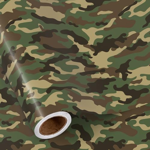 RUSPEPA Camouflage Wrapping Paper Roll for Men, Mini Roll, Classic Green Brown Camo Design Gift Wrap for Dad, Father's Day, Outdoor Lovers, Birthday, Military-Themed Party, 17 Inches x 16.4 Feet